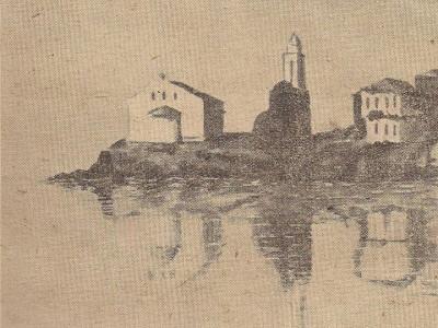 Marmara Village, Panagia Church, Cape Kole (Stratis Papanikolaou watercolour, Newspaper Marmarina Nea, August 1949)
